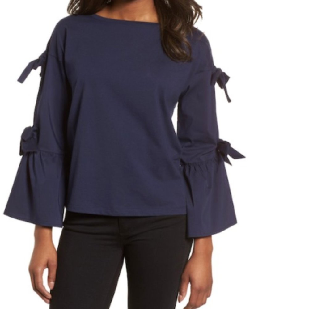 Halogen Chic Bows Tied Bell Long Sleeve Navy Tops